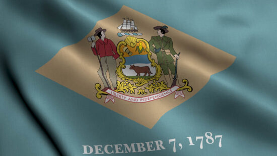 Delaware State Flag. Waving Fabric Satin Texture National Flag of Delaware 3D Illustration. Real Texture Flag of the State of Delaware in the United States of America. USA. High Detailed Flag