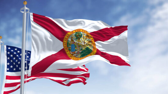 The Florida state flag waving along with the national flag of the United States of America