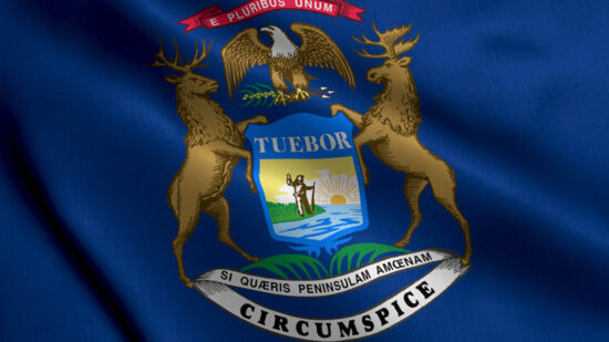 Michigan State Flag. Waving Fabric Satin Texture National Flag of Michigan 3D Illustration. Real Texture Flag of the State of Michigan in the United States of America. USA. High Detailed Flag