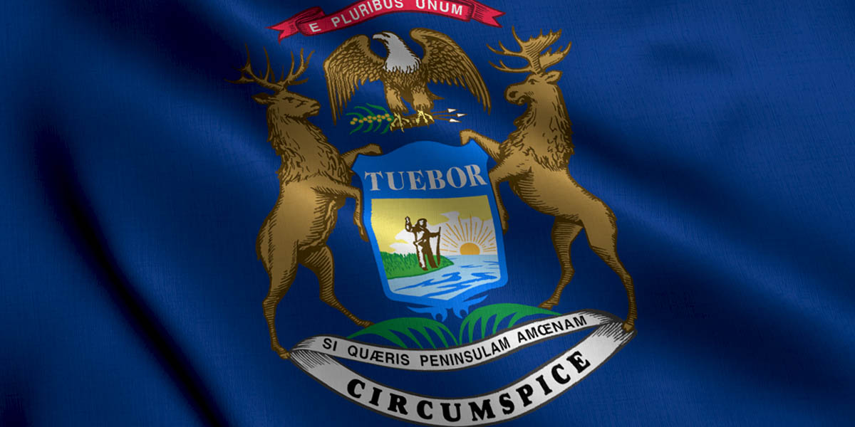 Michigan State Flag. Waving Fabric Satin Texture National Flag of Michigan 3D Illustration. Real Texture Flag of the State of Michigan in the United States of America. USA. High Detailed Flag