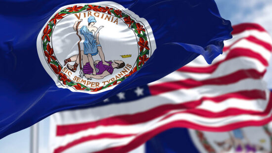 The Virginia state flag waving along with the national flag of the United States of America