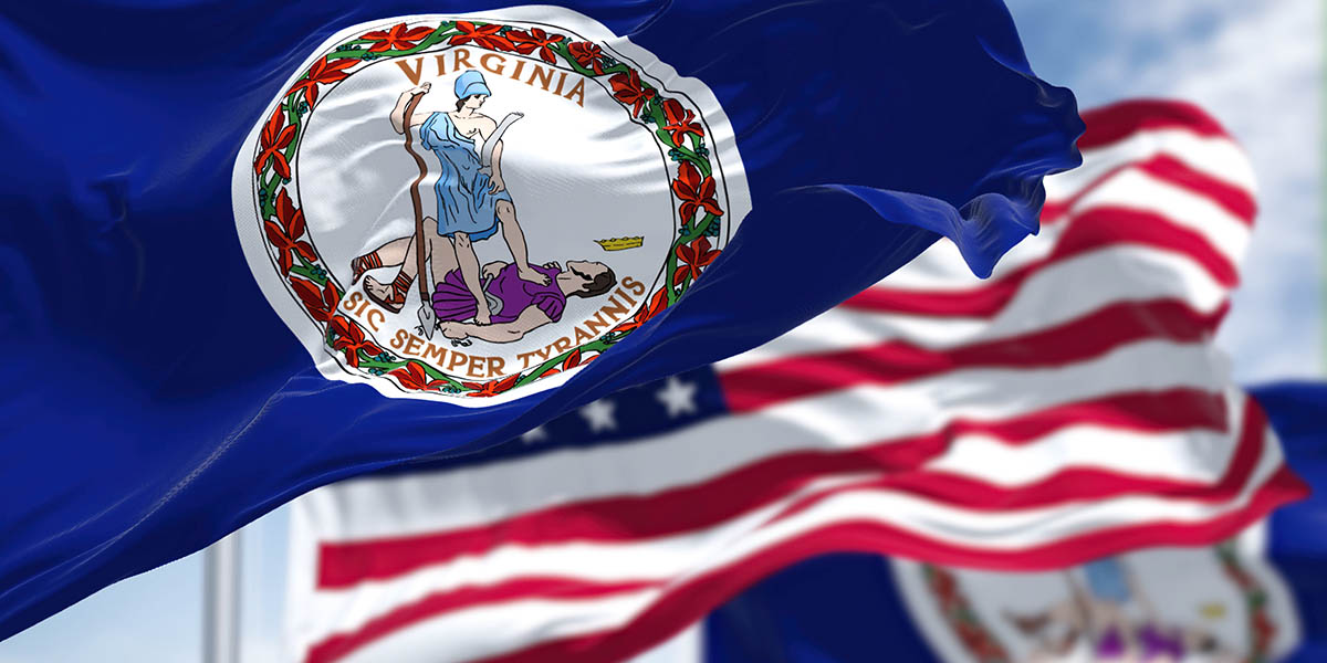 The Virginia state flag waving along with the national flag of the United States of America